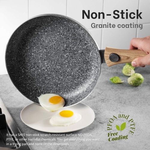  [아마존베스트]Mitbak 10-Inch Non-Stick Frying Pan with Lid | Granite Coating Nonstick Skillet with REMOVABLE Heat-Resistant Wooden Handle | Premium Cooking & Kitchen Utensil | Induction Compatib