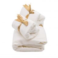 MITI Kidz Muslin Gift Set - 1 Swaddle Blanket (47 x 47 in) and 2 Burp Cloths (10.5 x 23.5 in), Thick and Soft Cotton/Bamboo 4-Layer, White, Perfect for Baby Registry or Baby Shower