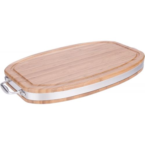  MIU France Oval CuttingServing Board with Stainless Steel Band and Handle, Brown, 12 x 20