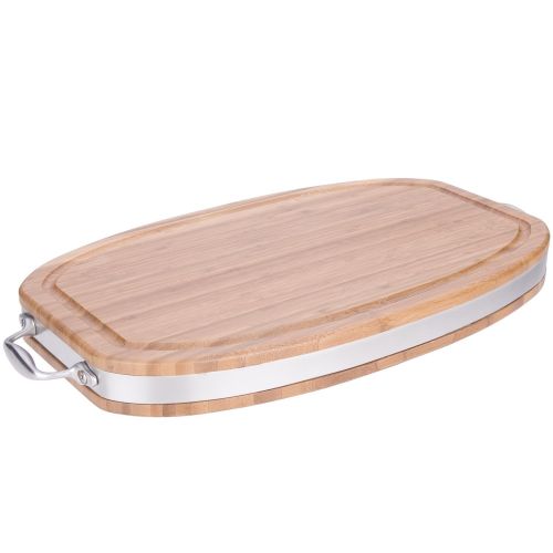  MIU France Oval CuttingServing Board with Stainless Steel Band and Handle, Brown, 12 x 20