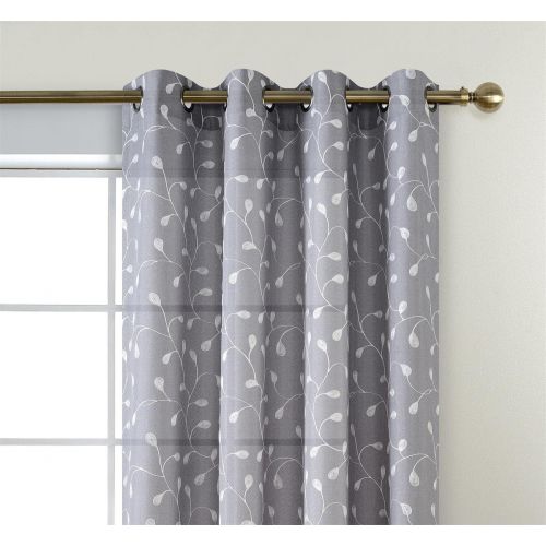  Miuco Floral Embroidered Semi Sheer Curtains Faux Linen Grommet Curtains for Girls Room 52 x 84 Inch Set of 2, Off White