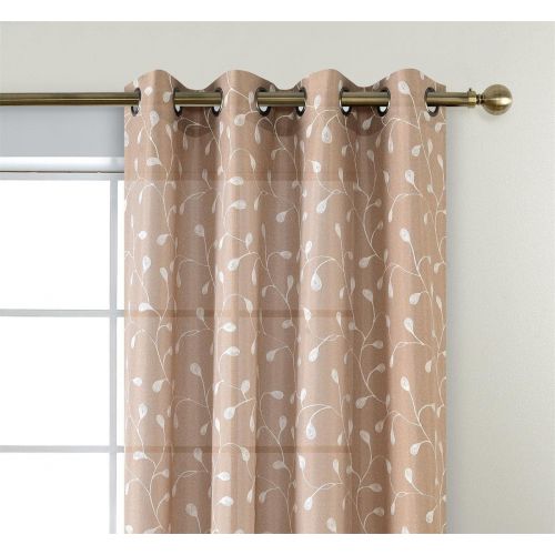  Miuco Floral Embroidered Semi Sheer Curtains Faux Linen Grommet Curtains for Girls Room 52 x 84 Inch Set of 2, Off White