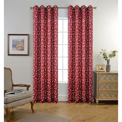  Miuco Floral Embroidered Semi Sheer Curtains Faux Linen Grommet Curtains for Girls Room 52 x 84 Inch Set of 2, Off White