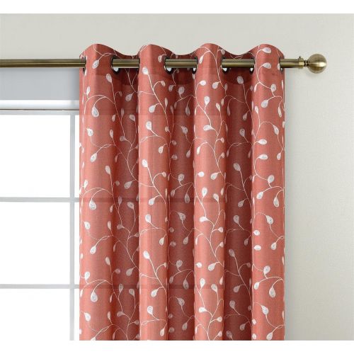  Miuco Floral Embroidered Semi Sheer Curtains Faux Linen Grommet Curtains for Girls Room 52 x 84 Inch Set of 2, Off White