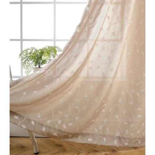  Miuco Floral Embroidered Semi Sheer Curtains Faux Linen Grommet Curtains for Girls Room 52 x 84 Inch Set of 2, Off White