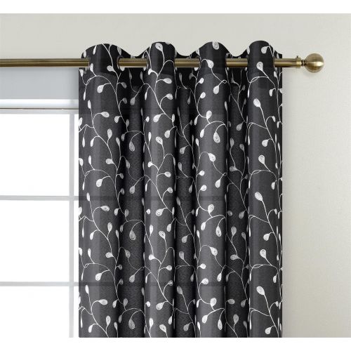  Miuco Floral Embroidered Semi Sheer Curtains Faux Linen Grommet Curtains for Girls Room 52 x 84 Inch Set of 2, Off White