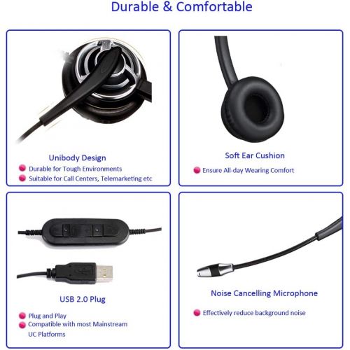  MKJ USB Telephone Headset with Microphone Computer PC Headset Dual Ear for Skype Chat, Online Learing, Conference Calls, Voice Chat, Softphones Call, Gaming etc
