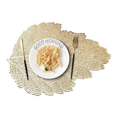  [아마존베스트]MLADEN Hollowed-Out Leaf Placemats,Washable Table Mats,Non-Slip Place mats Table Decoration Dining Table Mats Set of 4 (Gold)