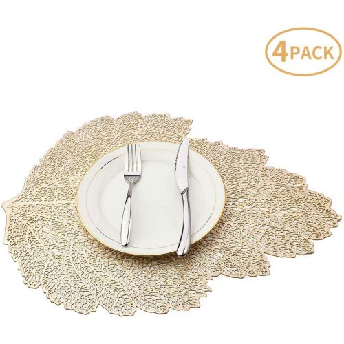  [아마존베스트]MLADEN Hollowed-Out Leaf Placemats,Washable Table Mats,Non-Slip Place mats Table Decoration Dining Table Mats Set of 4 (Gold)