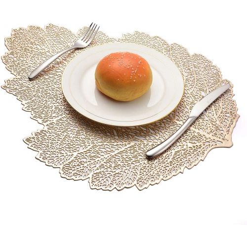  [아마존베스트]MLADEN Hollowed-Out Leaf Placemats,Washable Table Mats,Non-Slip Place mats Table Decoration Dining Table Mats Set of 4 (Gold)