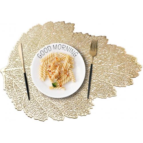  [아마존베스트]MLADEN Hollowed-Out Leaf Placemats,Washable Table Mats,Non-Slip Place mats Table Decoration Dining Table Mats Set of 4 (Gold)