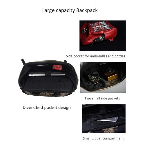  MM Red PU Leather Vintage Fashion with Chinese Embroidery Laptop Backpack Travel Sport Outdoor Daypack for Boy&Girl