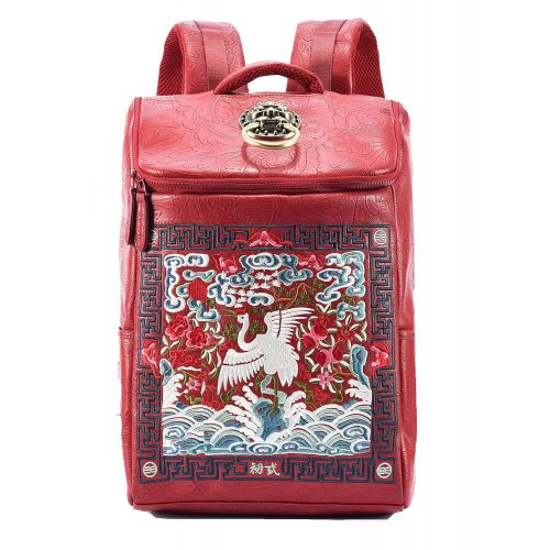  MM Red PU Leather Vintage Fashion with Chinese Embroidery Laptop Backpack Travel Sport Outdoor Daypack for Boy&Girl