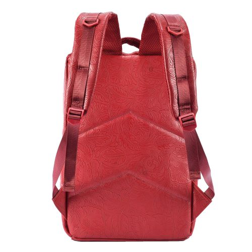  MM Red PU Leather Vintage Fashion with Chinese Embroidery Laptop Backpack Travel Sport Outdoor Daypack for Boy&Girl