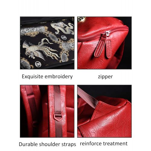  MM Red PU Leather Vintage Fashion with Chinese Embroidery Laptop Backpack Travel Sport Outdoor Daypack for Boy&Girl