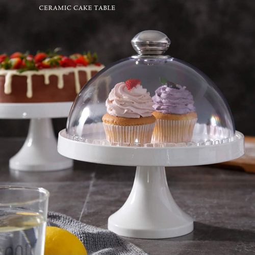  MM Ceramic Cake Stand with Dome Cover, European-style Minimalist Dessert Table Cake Display Tray, Cake Shop Living Room Home Decoration, White