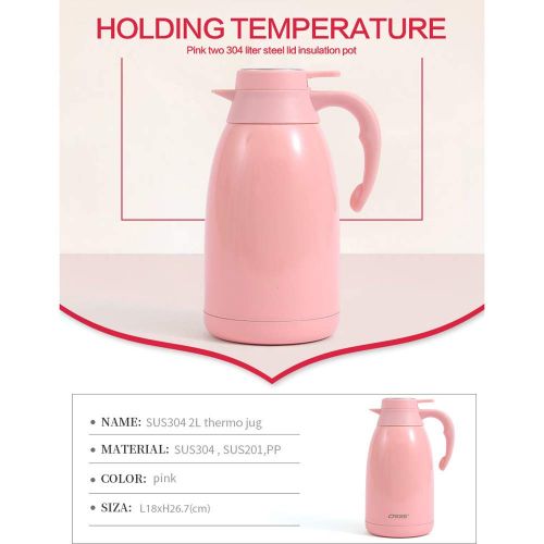  MMJ 2 Liter Pink Insulation Pot 304 Stainless Steel Liner Home Pressing Office Thermos