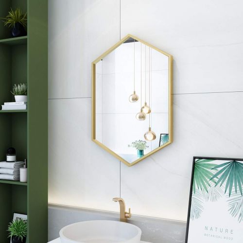  MMLI-Mirrors Hexagonal Wall Mirror Gold Metal Frame Bathroom Creative Vanity Decoration Living Room Hallway Shaving Modern Dressing (15.7 inch x 23.6 inch)