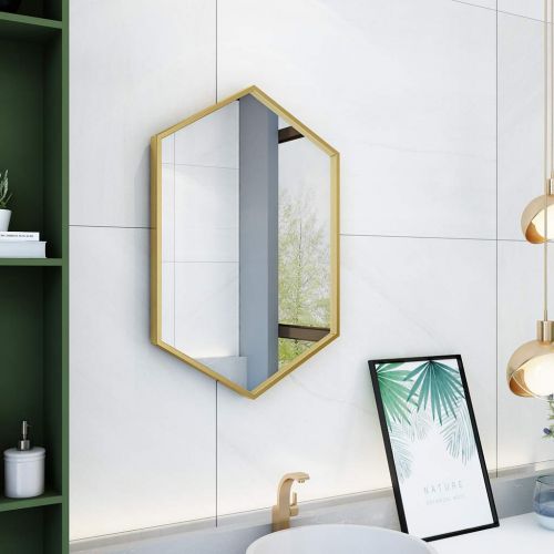  MMLI-Mirrors Hexagonal Wall Mirror Gold Metal Frame Bathroom Creative Vanity Decoration Living Room Hallway Shaving Modern Dressing (15.7 inch x 23.6 inch)