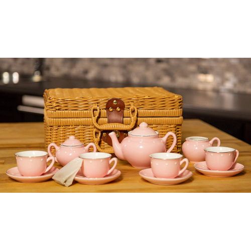  MMP Living Childrens 13 Piece Pink Porcelain Play Tea Set with Wicker Basket