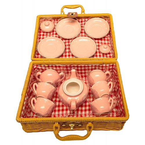  MMP Living Childrens 13 Piece Pink Porcelain Play Tea Set with Wicker Basket