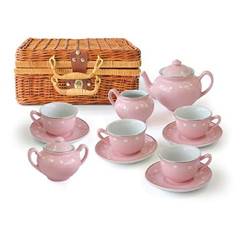  MMP Living Childrens 13 Piece Pink Porcelain Play Tea Set with Wicker Basket