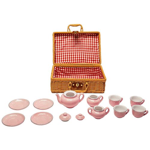  MMP Living Childrens 13 Piece Pink Porcelain Play Tea Set with Wicker Basket
