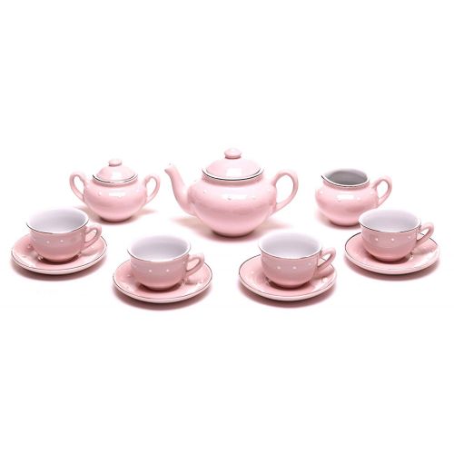  MMP Living Childrens 13 Piece Pink Porcelain Play Tea Set with Wicker Basket