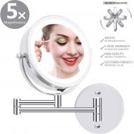 MMtong LED Double-Sided Magnifying Makeup Mirror, 6.7 Diameter 1X/5X Adjustable Magnification Led Cosmetic Mirror Wall Mounted, 360° Rotating Function, Lighted Vanity Mirror, Chrome Exten