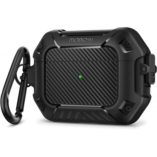  MOBOSI Compatible with AirPods Pro Case, Secure Lock Clip Full Body Shockproof Hard Shell Protective, Carbon Fiber Case Cover with Keychain for AirPod Pro (2019), Black