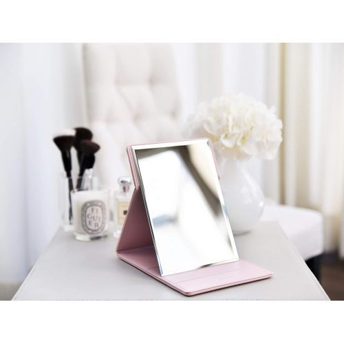  Premium Portable Makeup Mirror by MODESSE (Pink) | Perfect for Travel, Office Desk, Vanity Table | Large Size, Folding Design with Stand, Vegan Leather | Beauty Gifts for Bridesmai