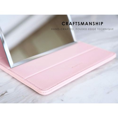  Premium Portable Makeup Mirror by MODESSE (Pink) | Perfect for Travel, Office Desk, Vanity Table | Large Size, Folding Design with Stand, Vegan Leather | Beauty Gifts for Bridesmai