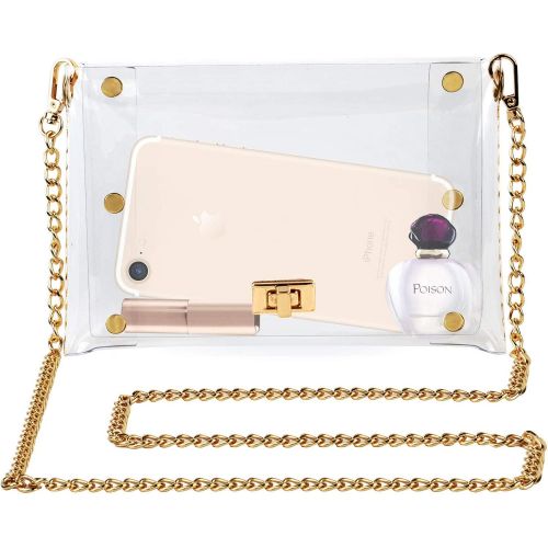  MOETYANG Womens Transparent Clutch Clear Purse Crossbody Shoulder Bags with Removable Golden Chain Strap NFL&PGA Stadium Approved Bags