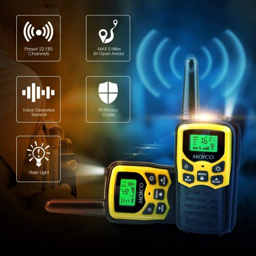  Walkie Talkies with 22 FRS Channels, MOICO Walkie Talkies for Adults with LED Flashlight VOX Scan LCD Display, Long Range Family Walkie Talkie for Hiking Camping Trip (Yellow, 4 Pa