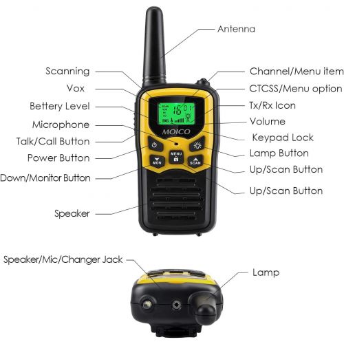  Walkie Talkies with 22 FRS Channels, MOICO Walkie Talkies for Adults with LED Flashlight VOX Scan LCD Display, Long Range Family Walkie Talkie for Hiking Camping Trip (Yellow, 4 Pa