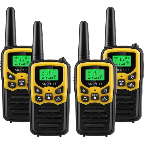  Walkie Talkies with 22 FRS Channels, MOICO Walkie Talkies for Adults with LED Flashlight VOX Scan LCD Display, Long Range Family Walkie Talkie for Hiking Camping Trip (Yellow, 4 Pa