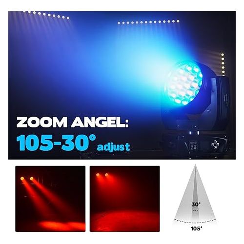  Moving Head Light 19x15W Beam Wash Zoom Stage Lights RGBW 4 in1 LED DJ Lights DMX Control for Stage Effect Dj Disco Nightclub and Party