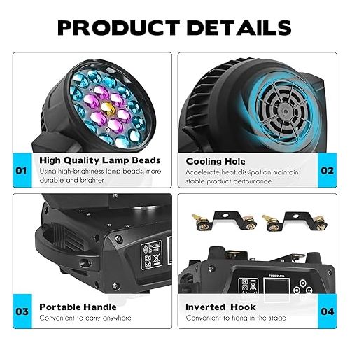  Moving Head Light 19x15W Beam Wash Zoom Stage Lights RGBW 4 in1 LED DJ Lights DMX Control for Stage Effect Dj Disco Nightclub and Party