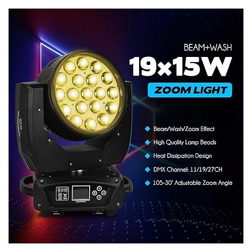  Moving Head Light 19x15W Beam Wash Zoom Stage Lights RGBW 4 in1 LED DJ Lights DMX Control for Stage Effect Dj Disco Nightclub and Party