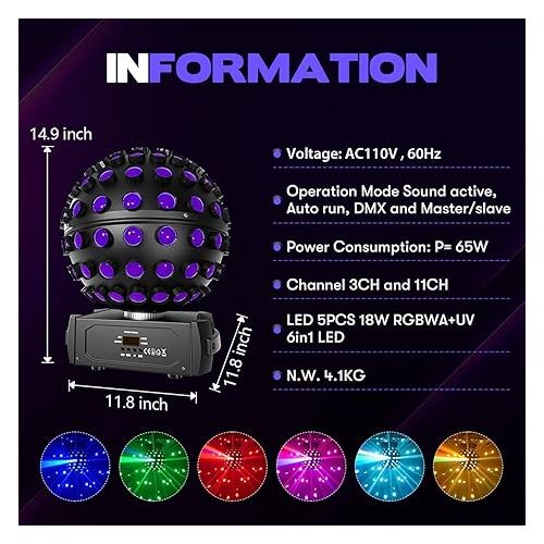  Moving Head Beam Light 18W 6 in 1 Rotating LED Sphere Stage Light Disco Light for DJ Light Shows Party Stage Effect DMX Control