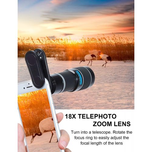  MOKCAO Phone Camera Lens Kit, 6 in 1 Cell Phone Camera Lens with 18X Zoom Telephoto LensFisheyeWide Angle& Macro Lens(Screwed Together)TeleconverterCPL, Compatible iPhone, Samsung & M