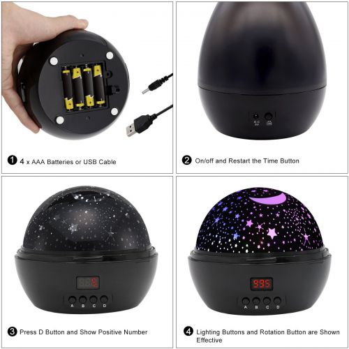  [ Newest Vision ] Star Light Rotating Projector, MOKOQI Night Lighting Star Moon Projection Lamp 4 LED Bulbs 4 Modes with Timer Auto Shut-Off & Hanging Strap for Kids Baby Bedroom