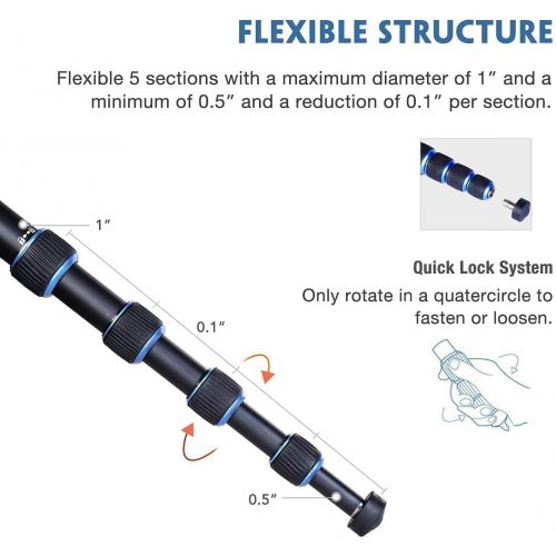  Moman Monopod Tripod with Feet for Camera DSLR Camcorder DV, Lightweight Portable Aluminum Alloy Unipod Alpenstock, Tripod Base Included, 5 Sections up to 65 inch