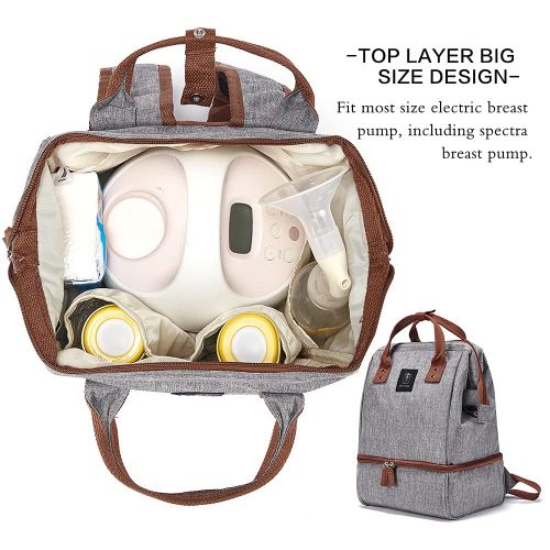  MOMIGO Breast Pump Backpack - Cooler and Moistureproof Bag Double Layer for Mother Outdoor Working Backpack with USB Charging Port, Large (Brown&Grey)