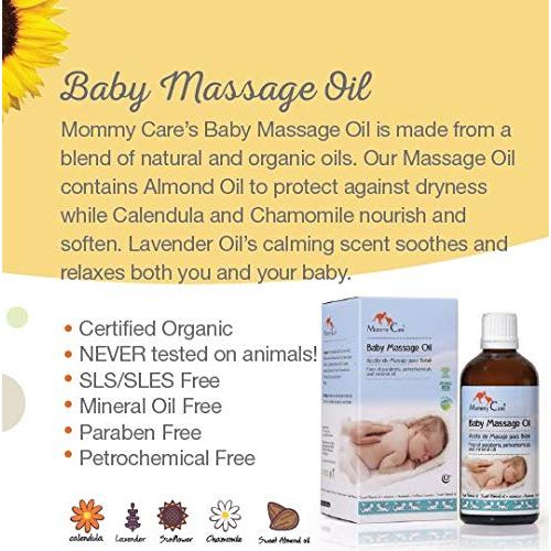  Mommy Care Baby Massage Oil - Natural Organic Eco Almond Oil for Babies with Calendula and Chamomile for Skin Nourishment 3.38 fl.oz