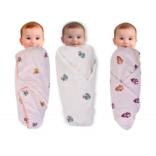  MOMS HOME Organic Cotton Swaddle Cum receiving blanket for baby, 0-2 Years - Pack Of 3- Penguin, Monkey, Tree