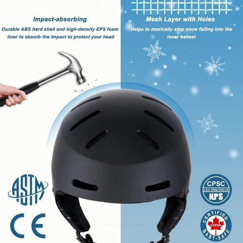  MONATA Ski Helmet Snowboard Helmet, Dial Fit, Goggle Compatible, Ear Pads, Dual Certified Bike Helmet for Men Women Youth Kids