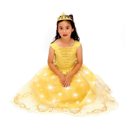  MONIKA FASHION WORLD Yellow Belle The Beauty Princess Costume Light up Gown Free Tiara T XS S M