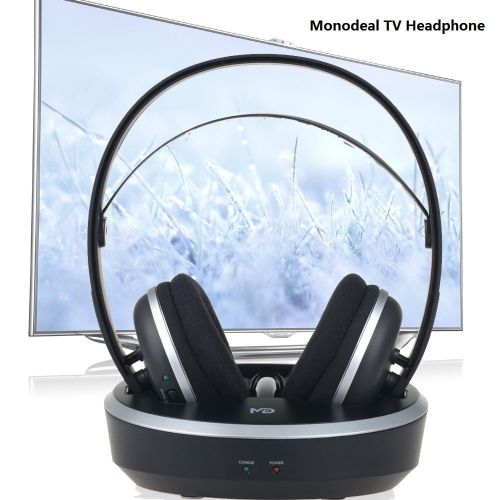  MONODEAL Wireless Universal TV Headphones, Monodeal Over-Ear Stereo RF Headphones With Charging Dock, LOW LATENCY Volume Adjustable For Gaming TV PC MOBILE, 25hr Battery Sound -1 Year Warra