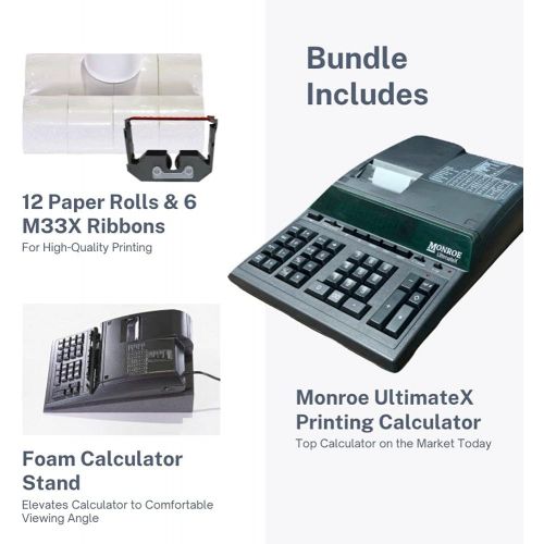  MONROE SYSTEMS FOR BUSINESS Monroe UltimateX Elite Printing Calculator/Adding Machine Bundle with Ribbons, Paper and Foam Calculator Stand